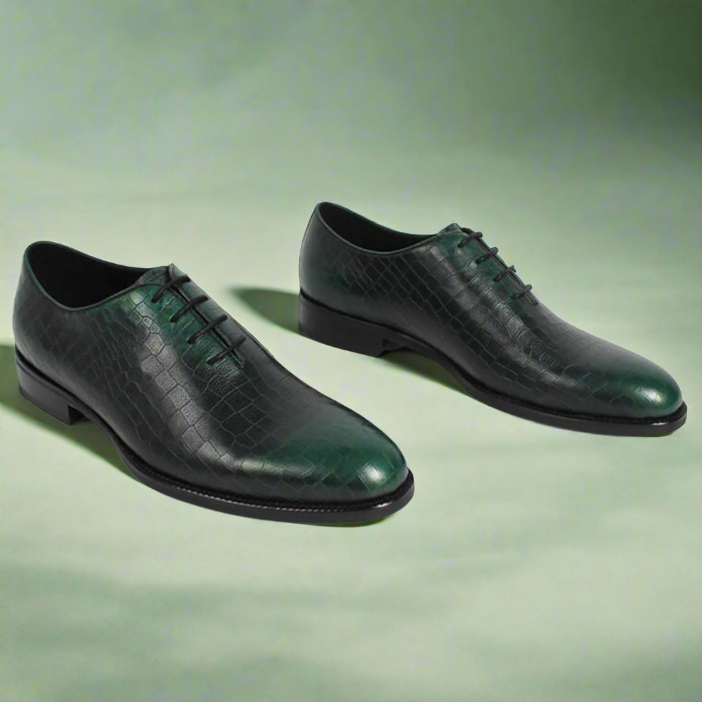 Green Leather Croco Print Wholecut Oxford Shoes for Men | Romro Ferrera Green Leather Croco Print Wholecut Oxford Shoes for Men | Romro Ferrera