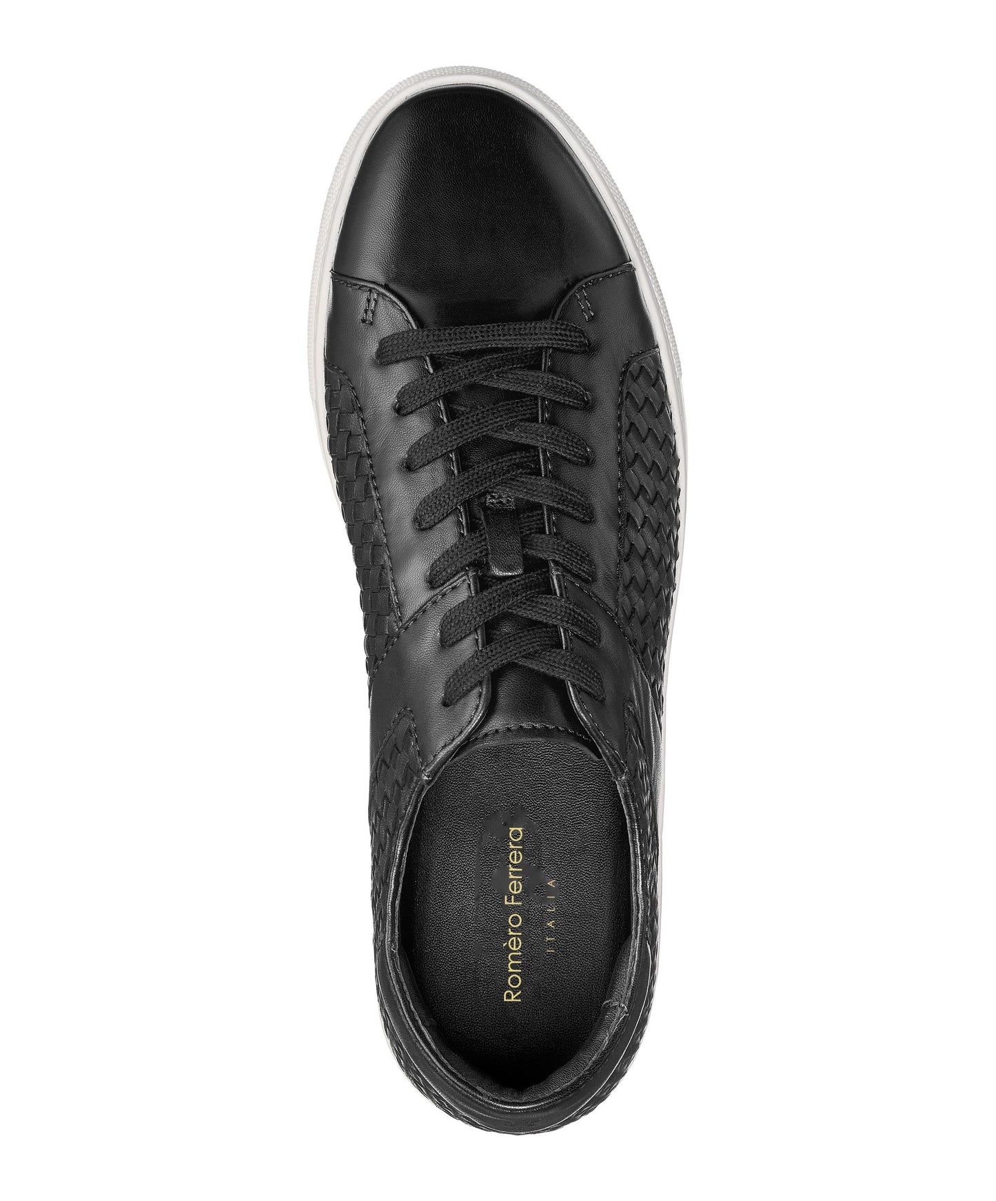 Black Braided Leather Low Top Lace Up Sneaker for Men. White Comfortable Cup Sole.