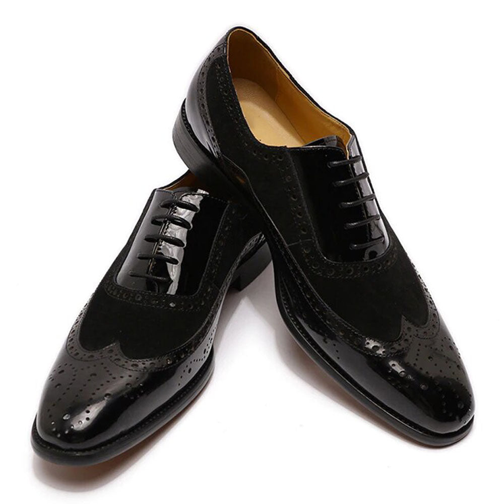 Black Patent Leather Suede Formal Wingtip Oxford Brogue Lace Up Shoes for Men. Manmade Comfortable Sole. Customization Available.