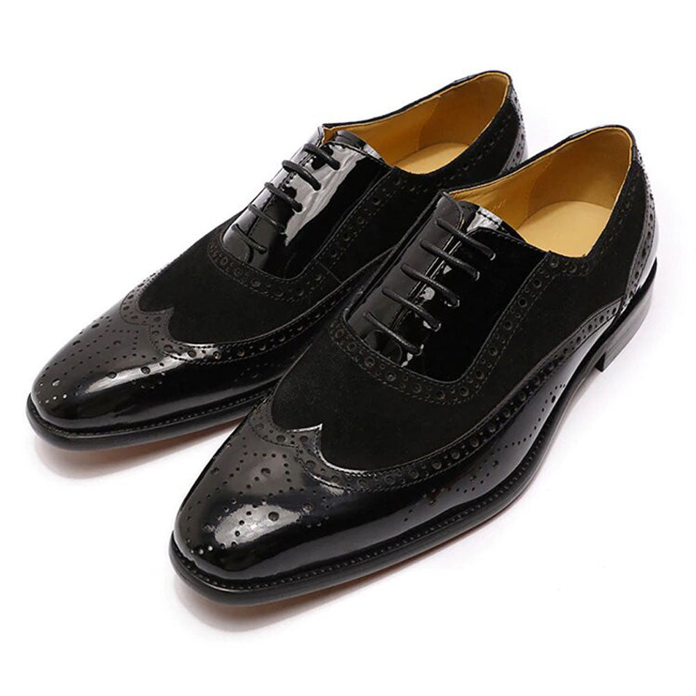 Black Patent Leather Suede Formal Wingtip Oxford Brogue Lace Up Shoes for Men. Manmade Comfortable Sole. Customization Available.