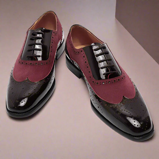 Black Patent Leather Burgundy Suede Formal Wingtip Oxford Brogue Lace Up Shoes for Men. Manmade Comfortable Sole. Customization Available.