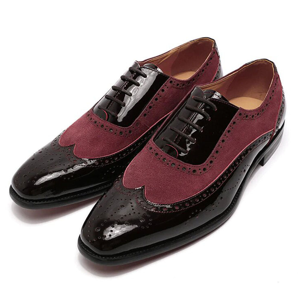 Black Patent Leather Burgundy Suede Formal Wingtip Oxford Brogue Lace Up Shoes for Men. Manmade Comfortable Sole. Customization Available.