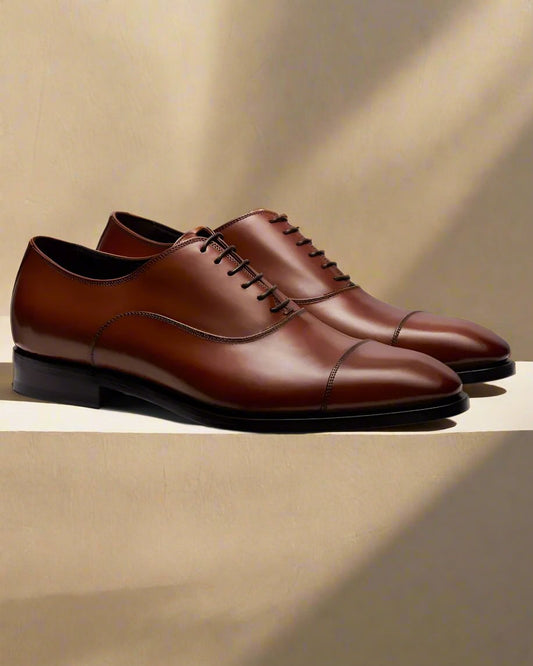 Tan Leather Formal Oxford Toe Cap Lace Up Shoes for Men. Manmade Comfortable Sole. Customization Available.