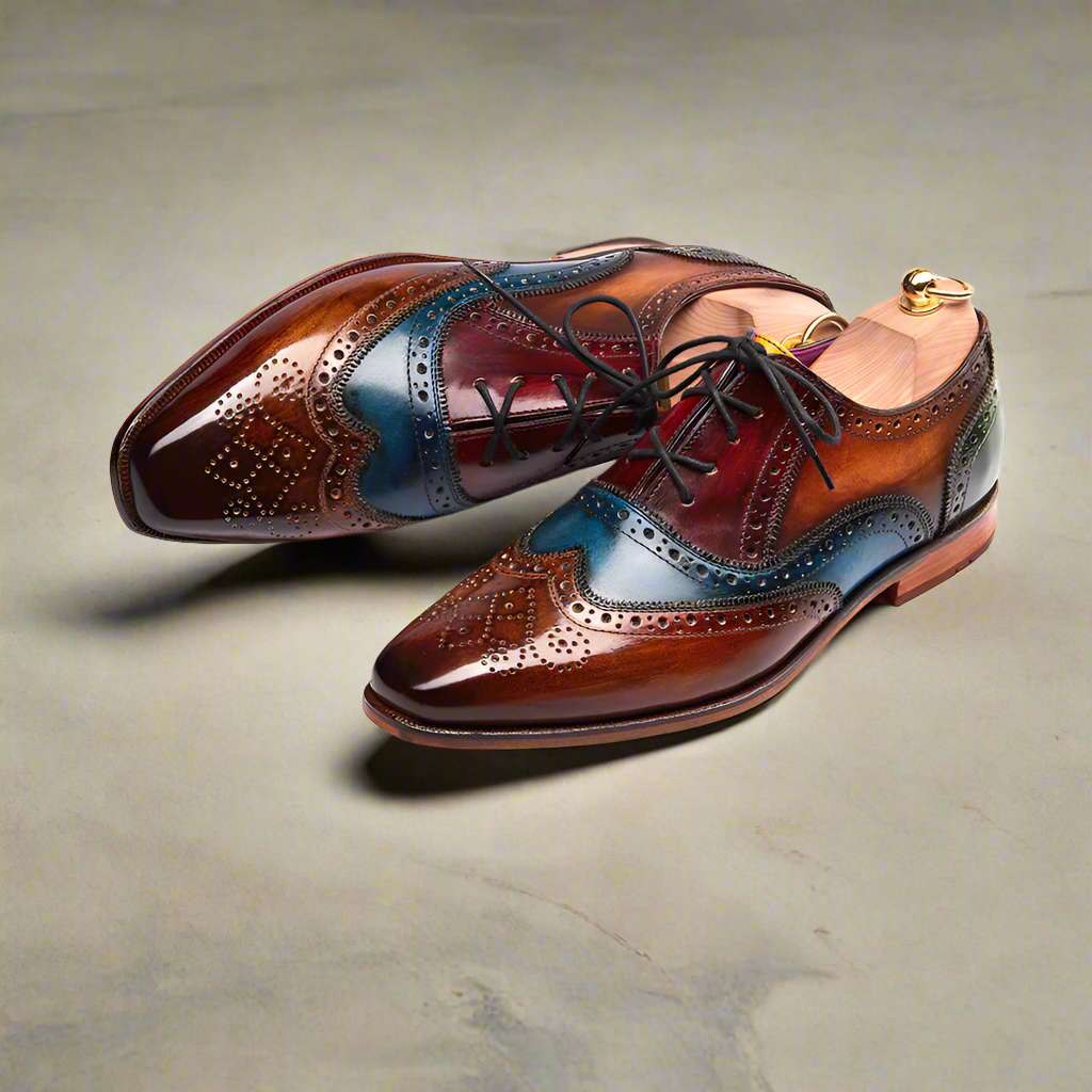 Multicolor Leather Patina Finish Wingtip Oxford Shoes for Men French House Romero Ferrera