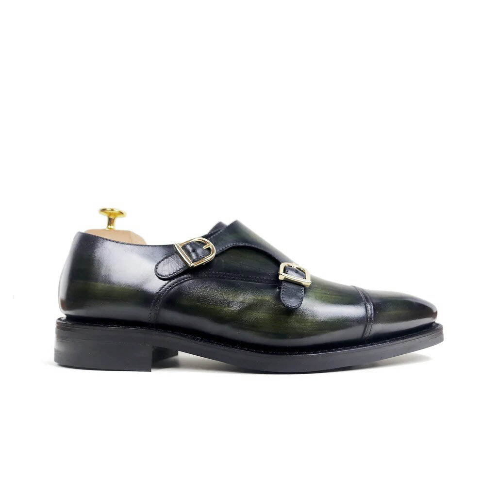 Mathew Olive Green Patina Toecap Double Monk Strap