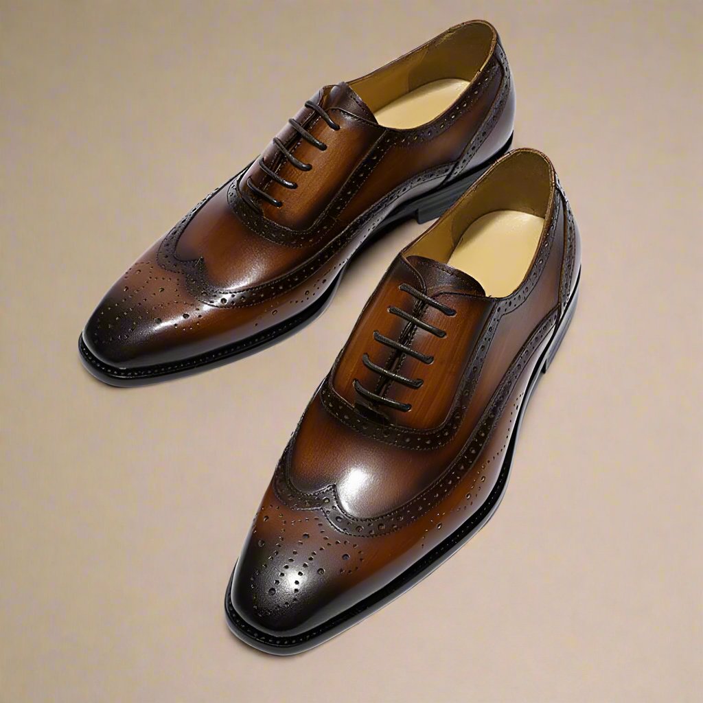 Tan Brown Leather Patina Finish Formal Wingtip Oxford Brogue Lace Up Shoes for Men. Manmade Comfortable Sole. Customization Available.