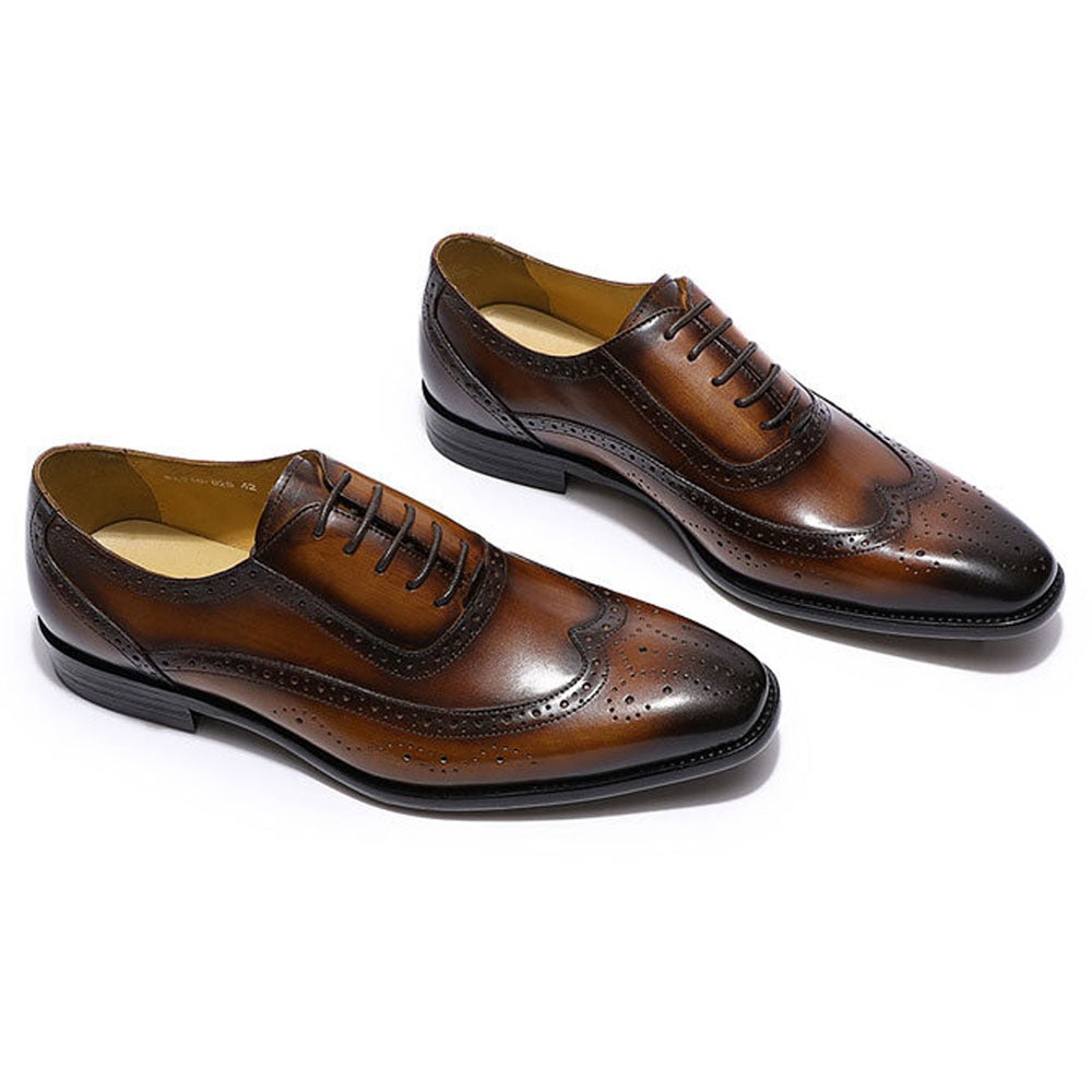 Tan Brown Leather Patina Finish Formal Wingtip Oxford Brogue Lace Up Shoes for Men. Manmade Comfortable Sole. Customization Available.