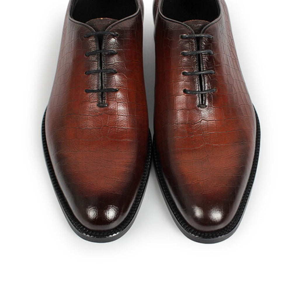 Tan Croco Print Leather Formal Wholecut Oxford Lace Up Shoes for Men. Manmade Comfortable Sole. Customization Available.