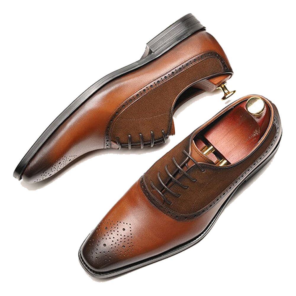 Brown Leather Tan Suede Formal Oxford Brogue Lace Up Shoes for Men. Manmade Comfortable Sole. Customization Available.