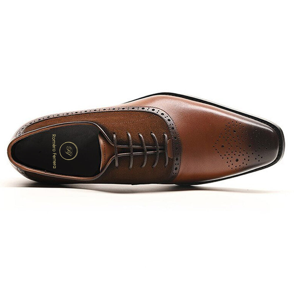 Brown Leather Tan Suede Formal Oxford Brogue Lace Up Shoes for Men. Manmade Comfortable Sole. Customization Available.