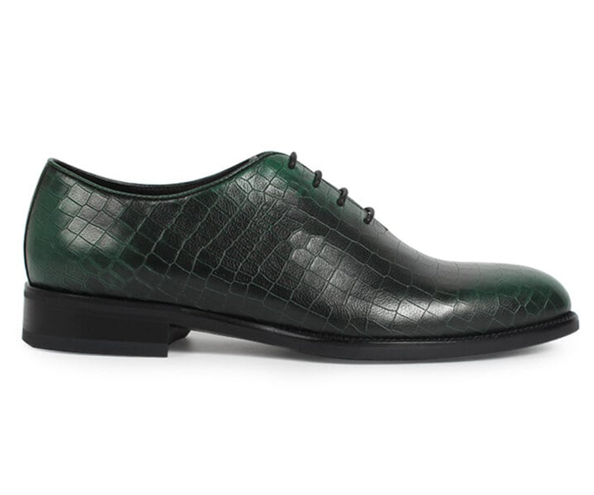 Green Croco Print Leather Formal Wholecut Oxford Lace Up Shoes for Men. Manmade Comfortable Sole. Customization Available.
