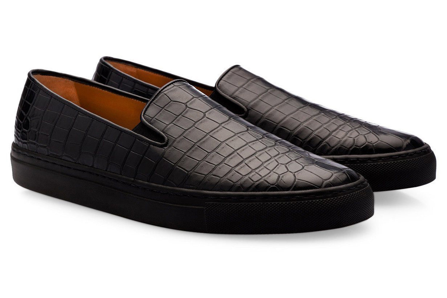 Black Croco Print Leather Slip-on Loafer Sneaker for Men. Black Comfortable Cup Sole.