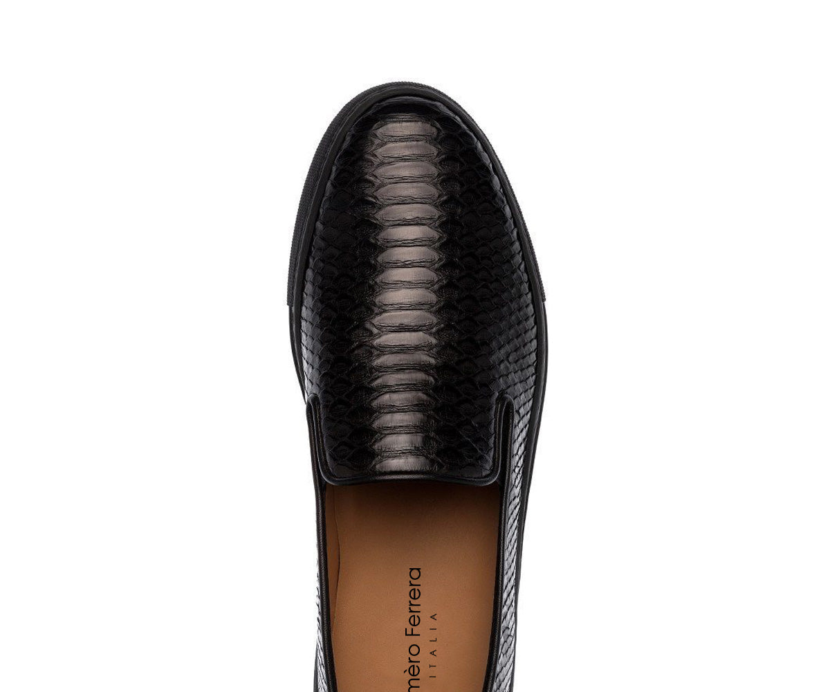 Black Snake Print Leather Slip-on Loafer Sneaker for Men. Black Comfortable Cup Sole.