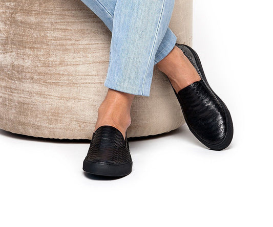 Black Snake Print Leather Slip-on Loafer Sneaker for Men. Black Comfortable Cup Sole.