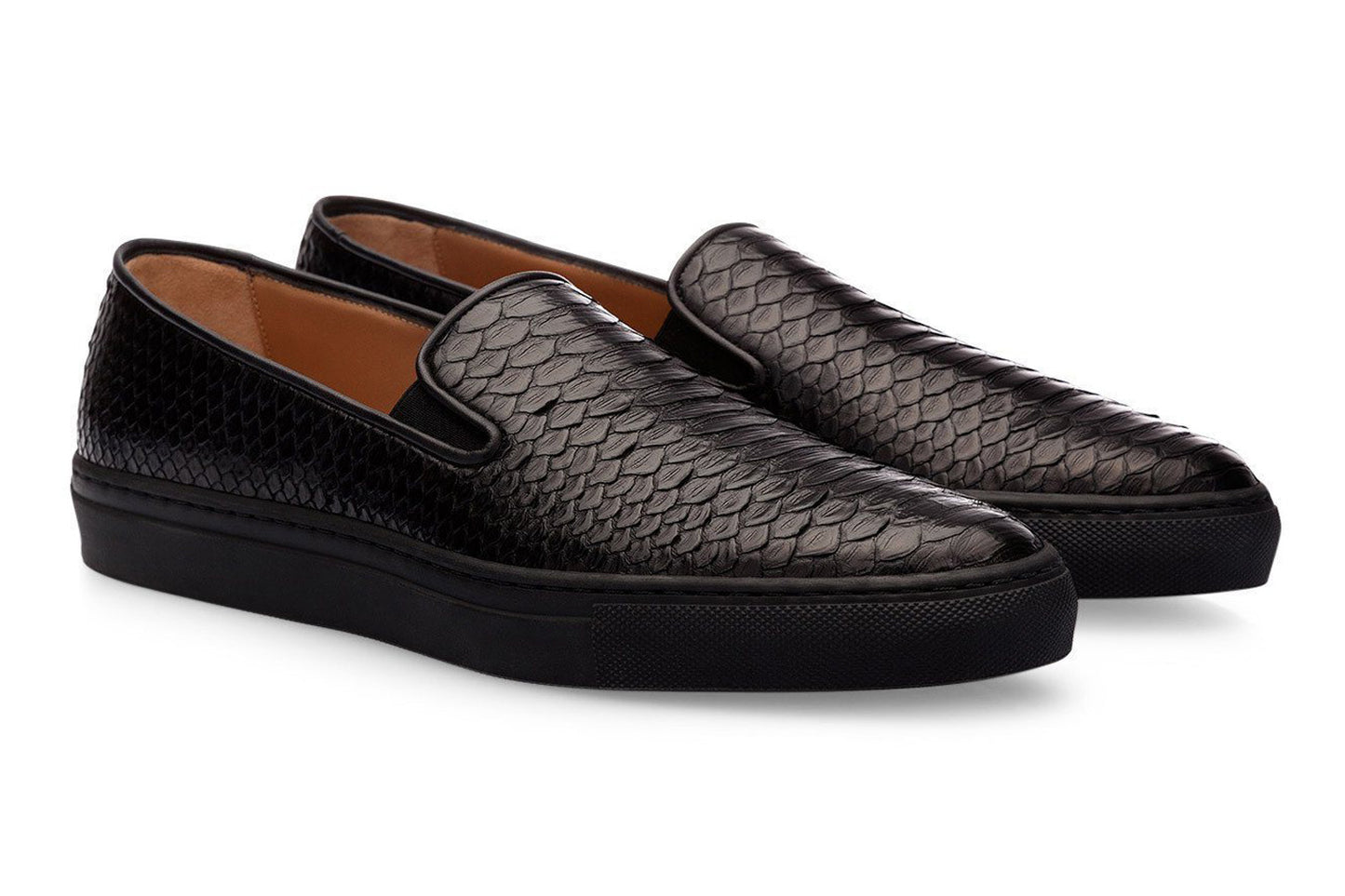 Black Snake Print Leather Slip-on Loafer Sneaker for Men. Black Comfortable Cup Sole.