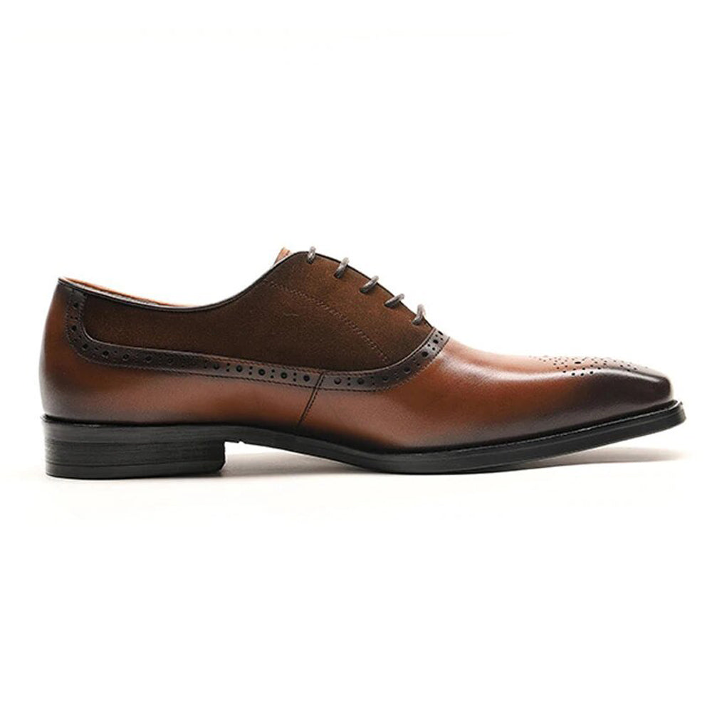 Brown Leather Tan Suede Formal Oxford Brogue Lace Up Shoes for Men. Manmade Comfortable Sole. Customization Available.