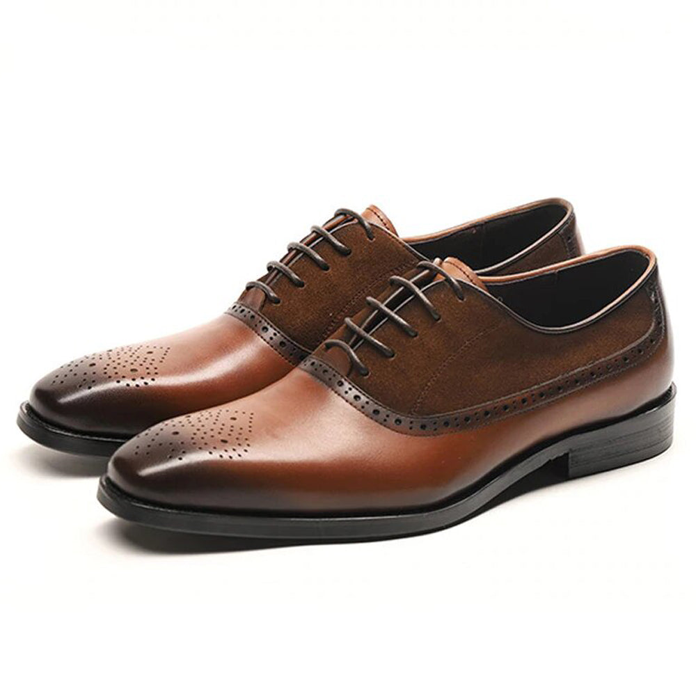 Brown Leather Tan Suede Formal Oxford Brogue Lace Up Shoes for Men. Manmade Comfortable Sole. Customization Available.