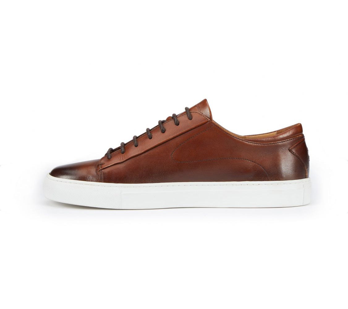 Brown Patina Finish Leather Low Top Lace Up Sneaker for Men. White Comfortable Cup Sole.