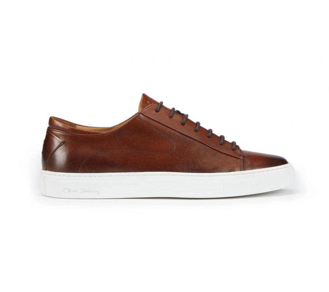 Brown Patina Finish Leather Low Top Lace Up Sneaker for Men. White Comfortable Cup Sole.