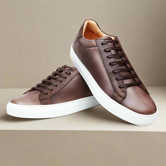 Brown Patina Finish Leather Low Top Lace Up Sneaker for Men. White Comfortable Cup Sole.