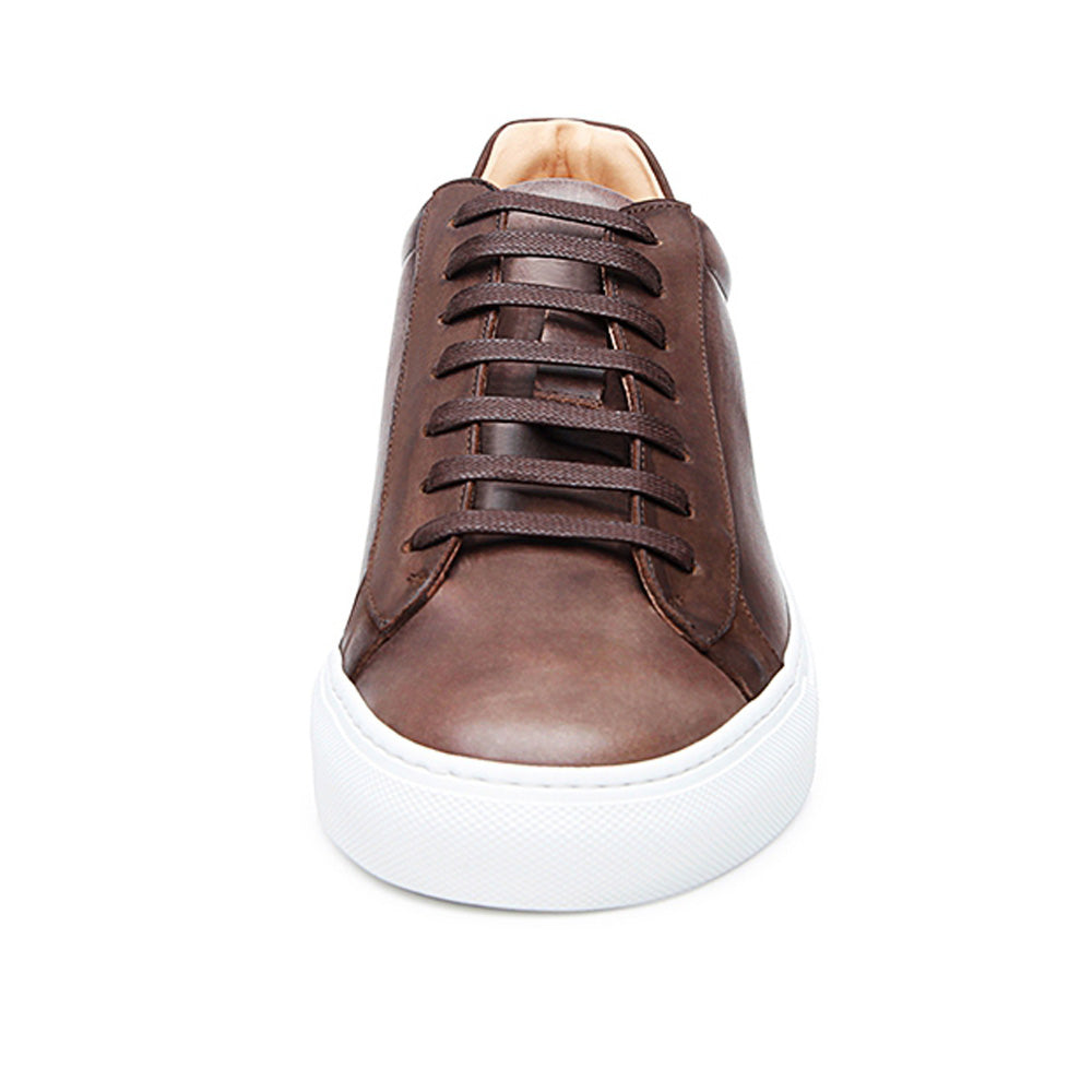 Brown Patina Finish Leather Low Top Lace Up Sneaker for Men. White Comfortable Cup Sole.