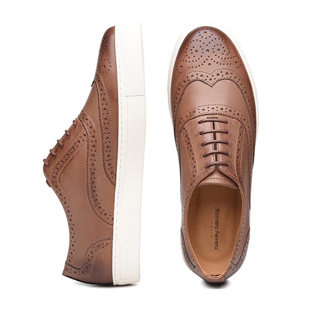 Tan Leather Wingtip Oxford Low Top Lace Up Sneaker for Men. White Comfortable Cup Sole.