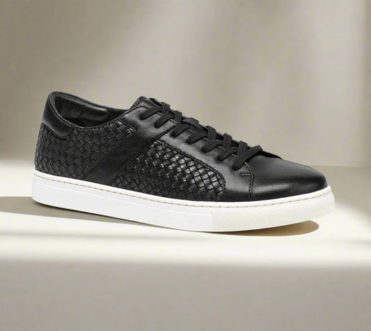 Black Braided Leather Low Top Lace Up Sneaker for Men. White Comfortable Cup Sole.