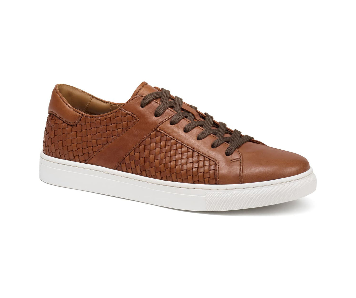 Brown Tan Braided Leather Low Top Lace Up Sneaker for Men. White Comfortable Cup Sole.
