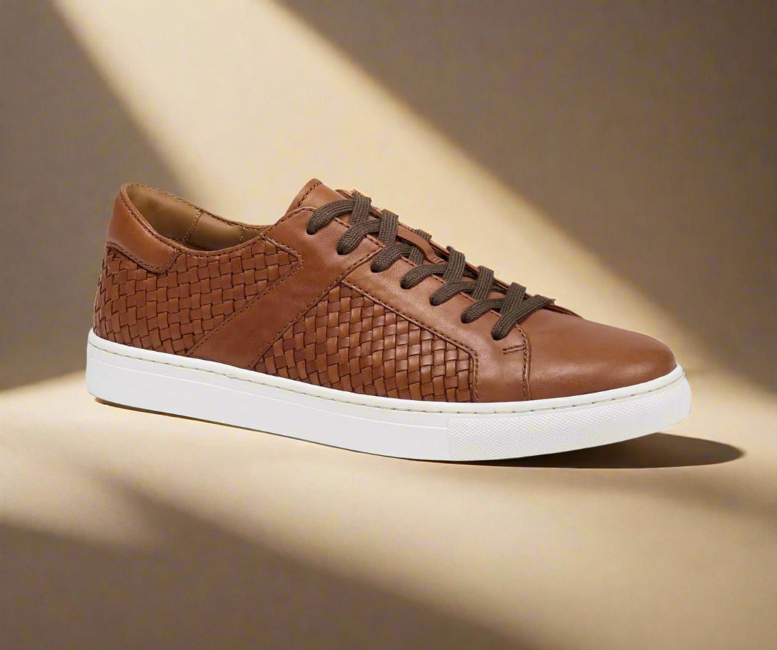 Brown Tan Braided Leather Low Top Lace Up Sneaker for Men. White Comfortable Cup Sole.