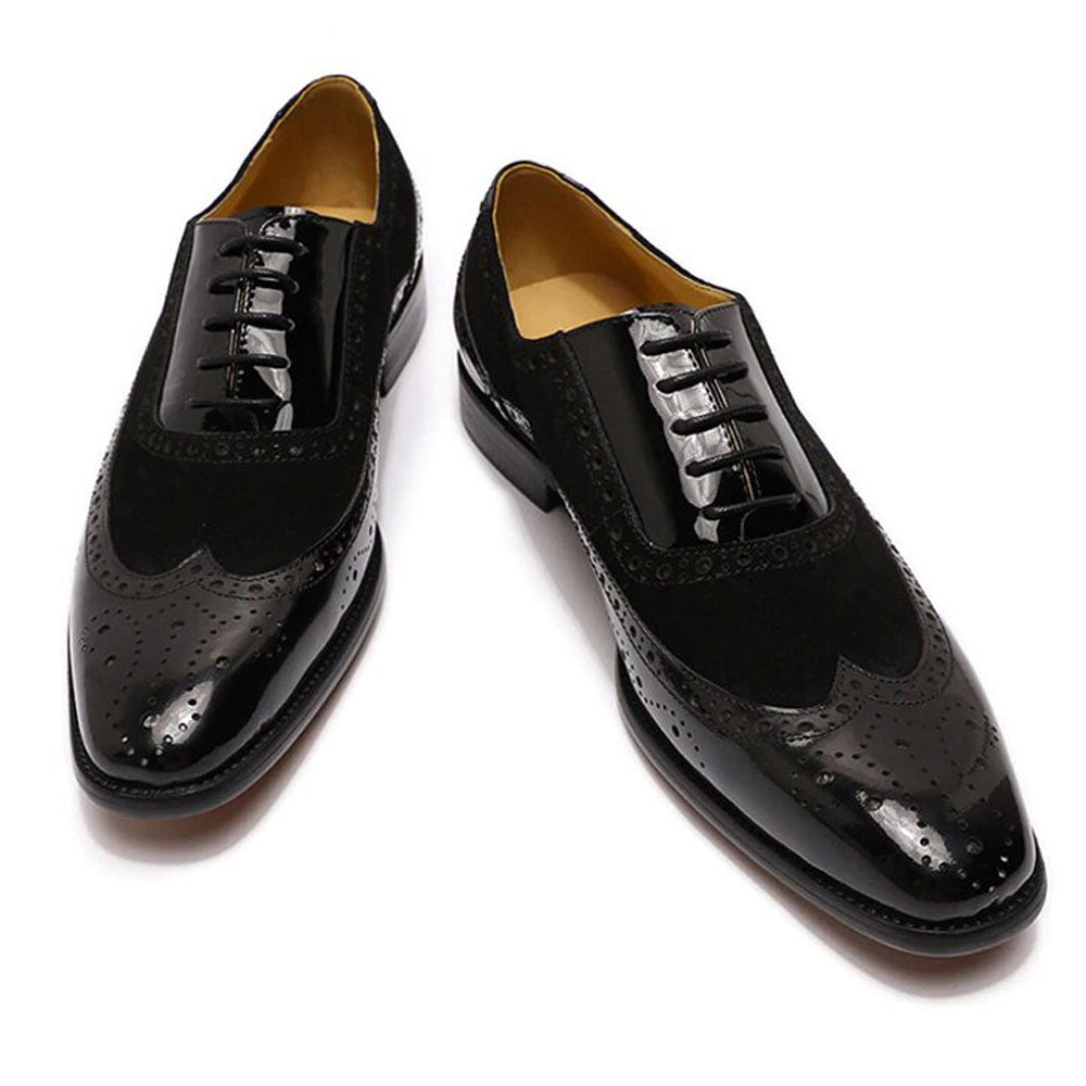 Black Patent Leather Suede Formal Wingtip Oxford Brogue Lace Up Shoes for Men. Manmade Comfortable Sole. Customization Available.