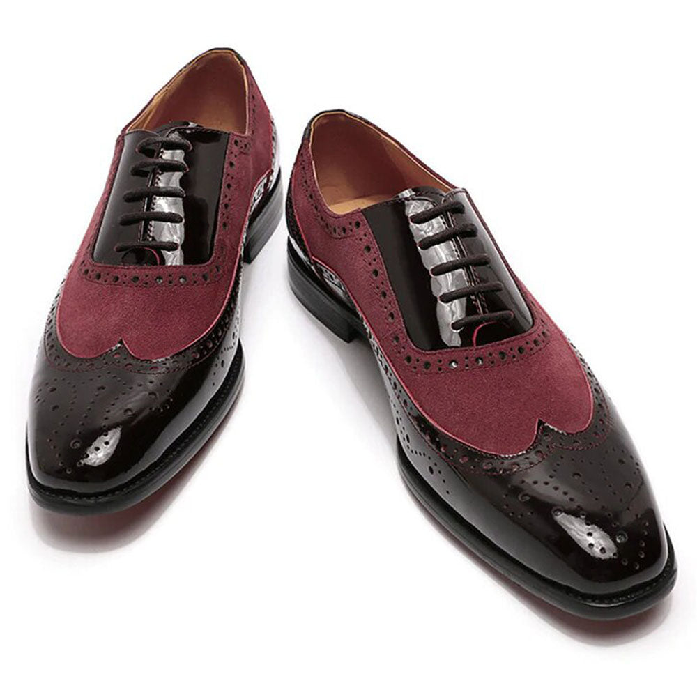 Black Patent Leather Burgundy Suede Formal Wingtip Oxford Brogue Lace Up Shoes for Men. Manmade Comfortable Sole. Customization Available.