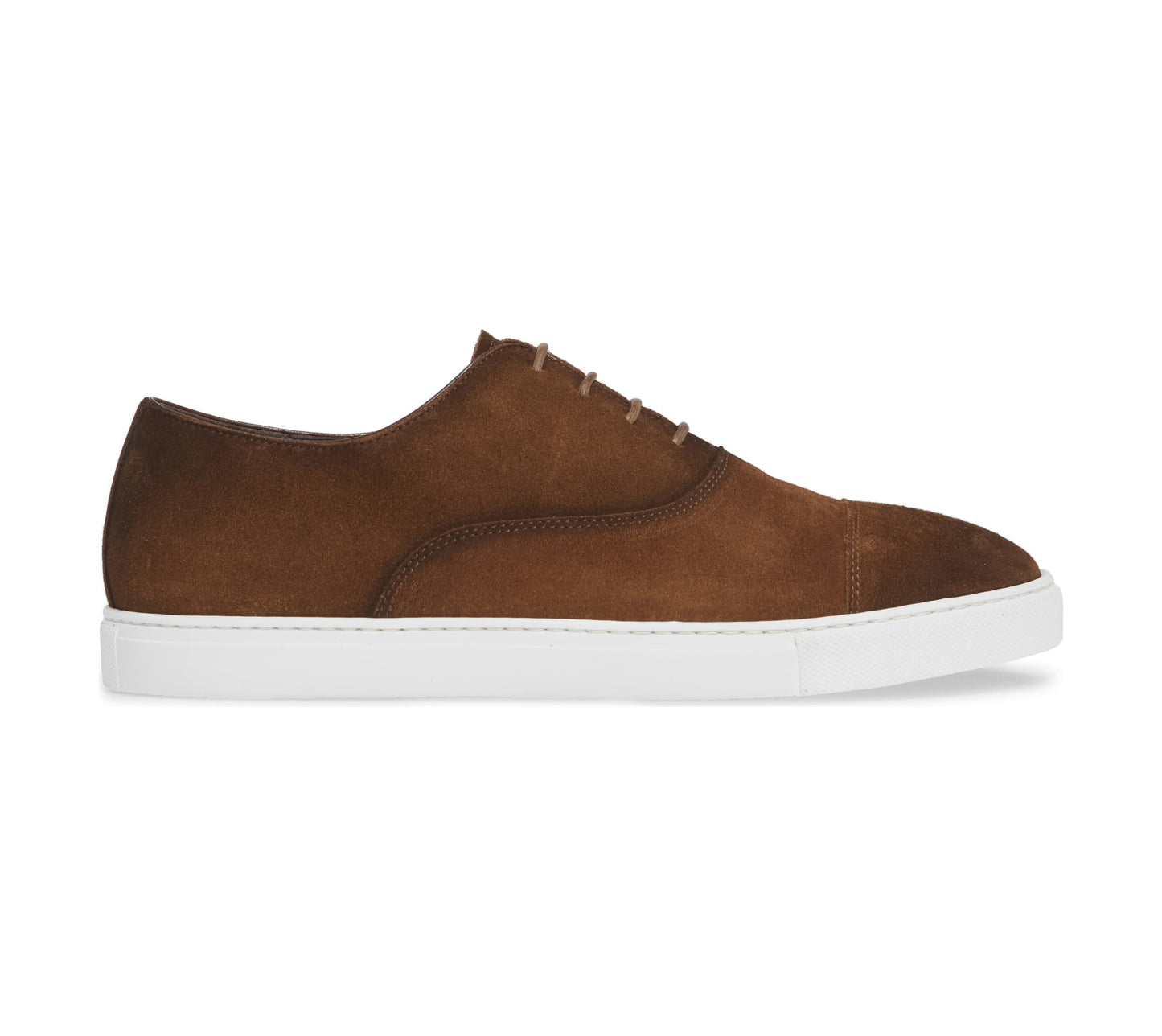 Dark Brown Burnished Suede Leather Low Top Lace Up Sneaker for Men. White Comfortable Cup Sole.