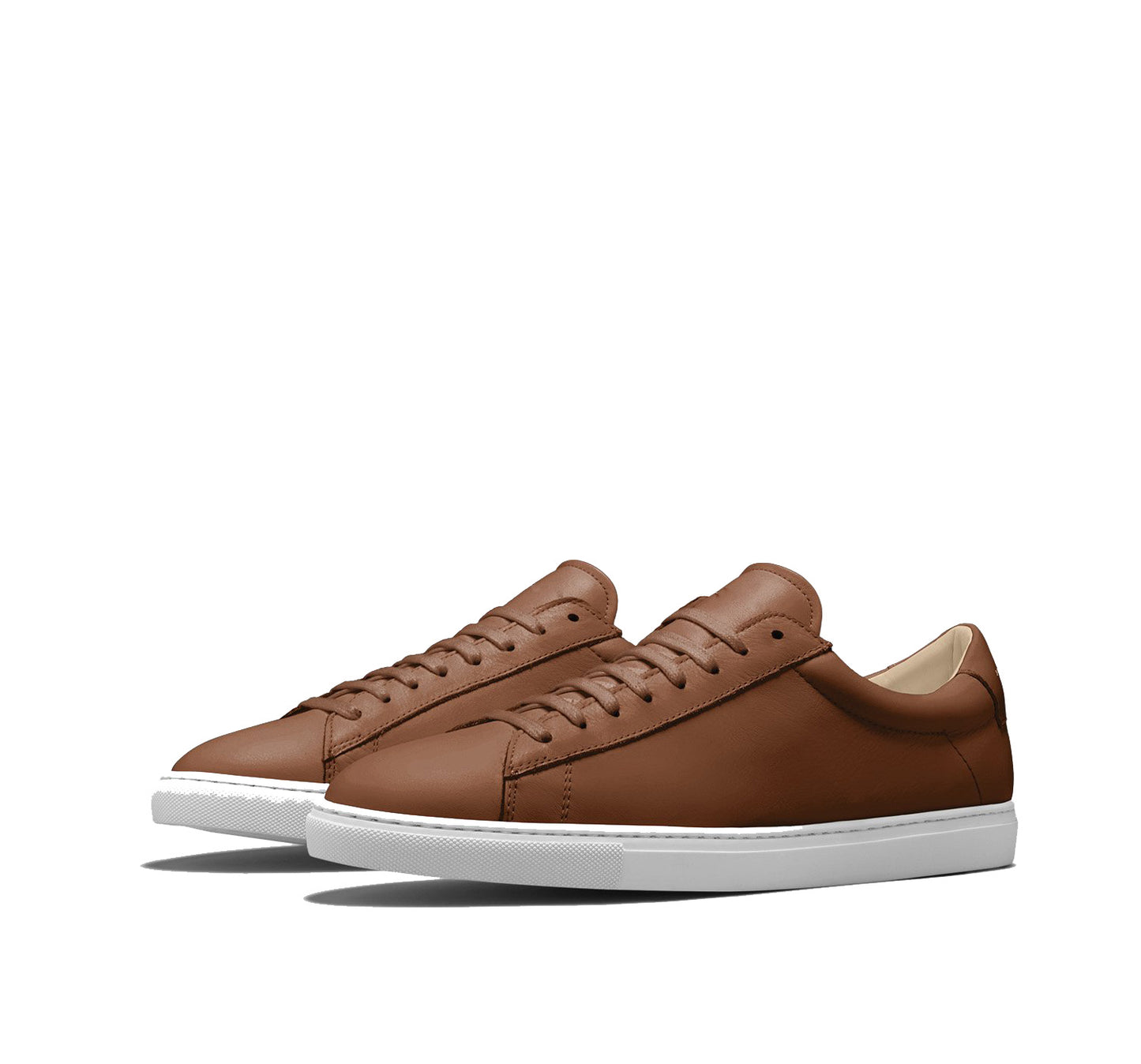Brown Tan Leather Low Top Lace Up Sneaker for Men. White Comfortable Cup Sole.