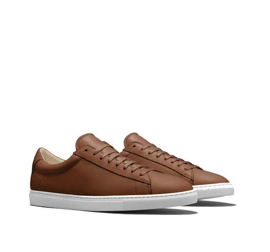 Brown Tan Leather Low Top Lace Up Sneaker for Men. White Comfortable Cup Sole.