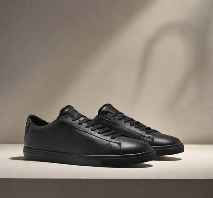 Black Leather Low Top Lace Up Sneaker for Men. Black Comfortable Cup Sole.