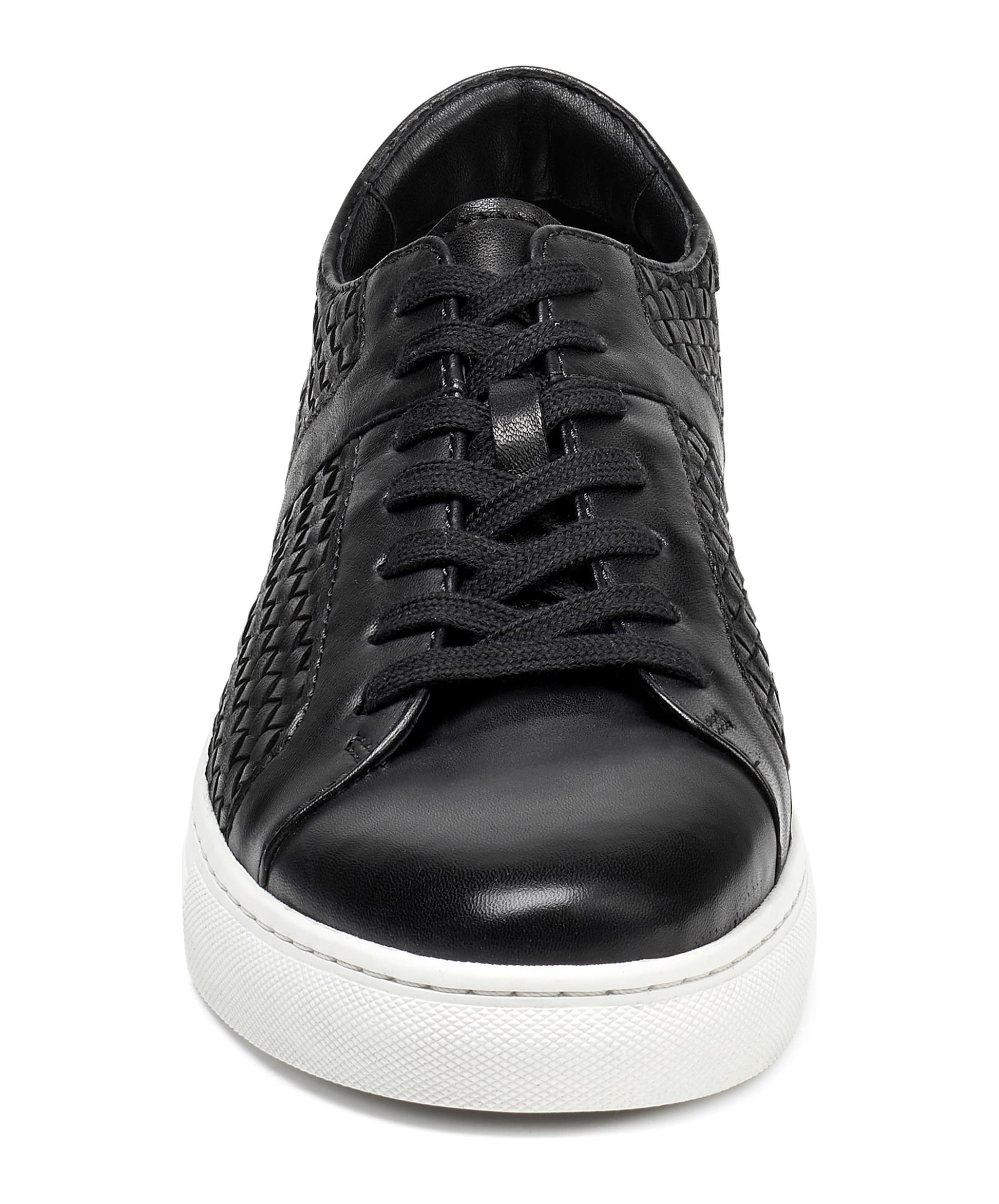 Black Braided Leather Low Top Lace Up Sneaker for Men. White Comfortable Cup Sole.