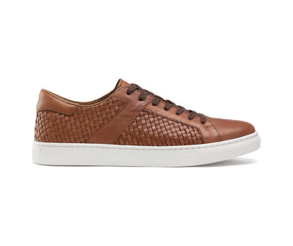 Brown Tan Braided Leather Low Top Lace Up Sneaker for Men. White Comfortable Cup Sole.