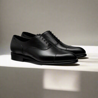 Black Leather Formal Oxford Toe Cap Lace Up Shoes for Men. Manmade Comfortable Sole. Customization Available.