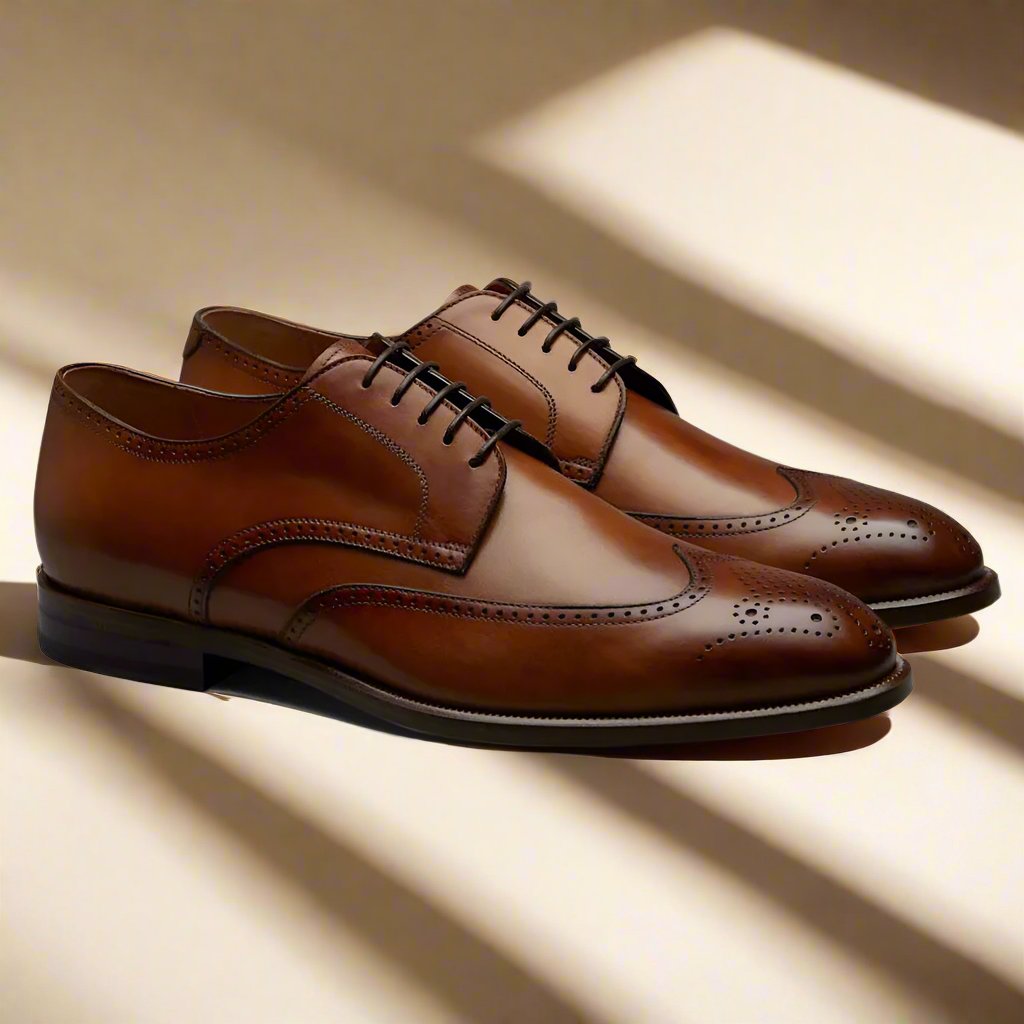 Tan Leather Formal Derby Brogue Lace Up Shoes for Men. Manmade Comfortable Sole. Customization Available.