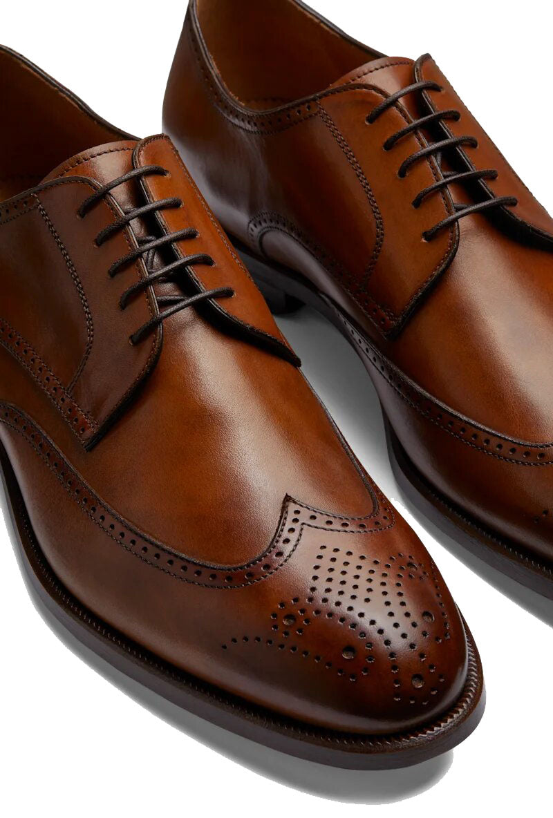 Tan Leather Formal Derby Brogue Lace Up Shoes for Men. Manmade Comfortable Sole. Customization Available.