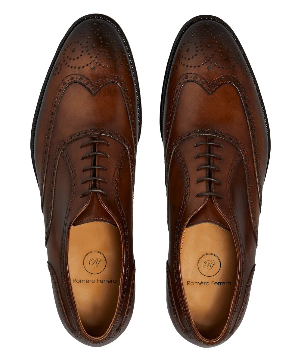 Dark Brown Tan Leather Formal Oxford Wingtip Brogue Lace Up Shoes for Men. Manmade Comfortable Sole. Customization Available.