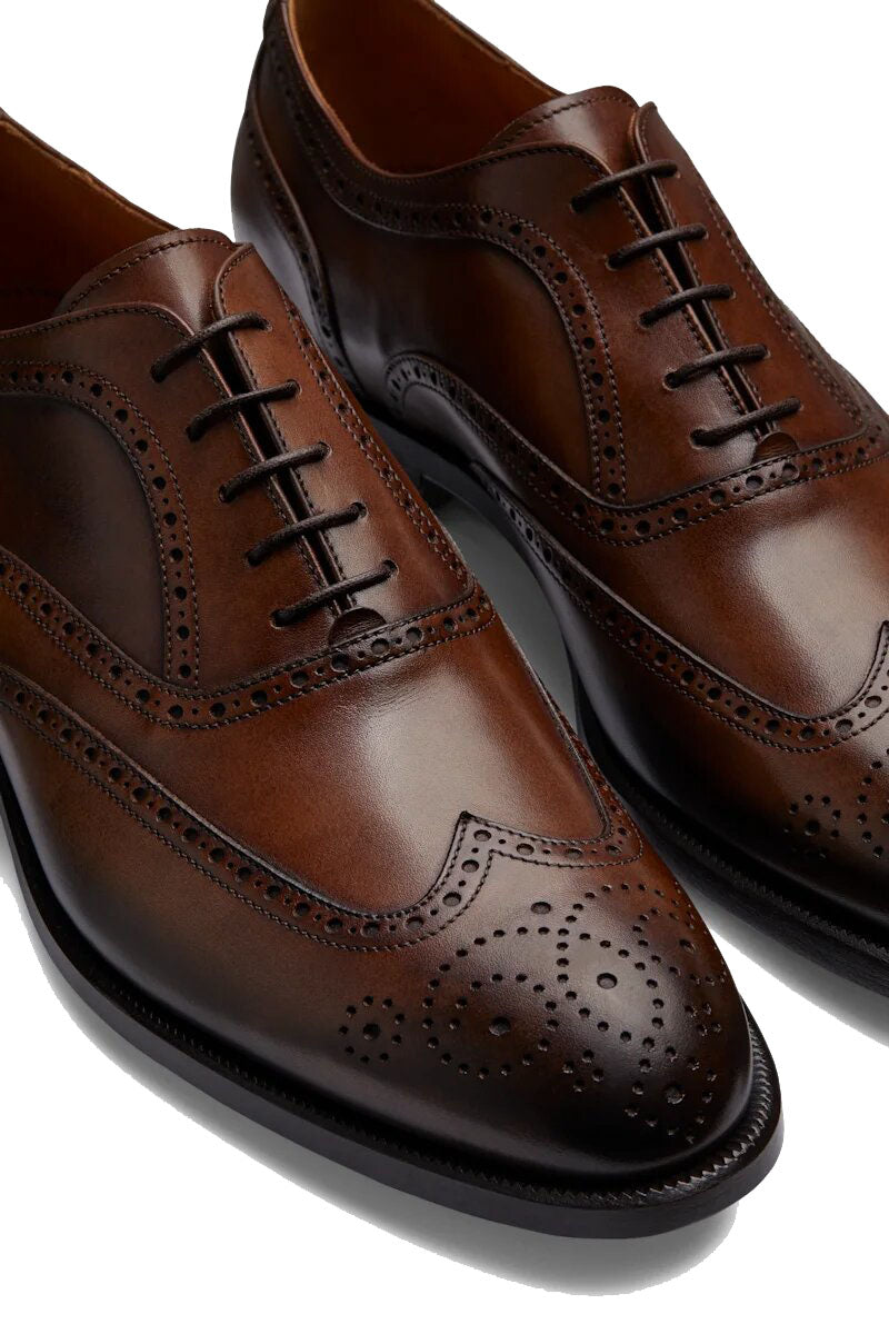 Dark Brown Tan Leather Formal Oxford Wingtip Brogue Lace Up Shoes for Men. Manmade Comfortable Sole. Customization Available.