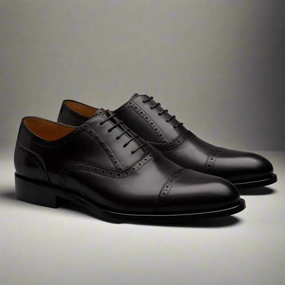 Black Leather Formal Toe Cap Oxford Brogue Lace Up Shoes for Men. Manmade Comfortable Sole. Customization Available.