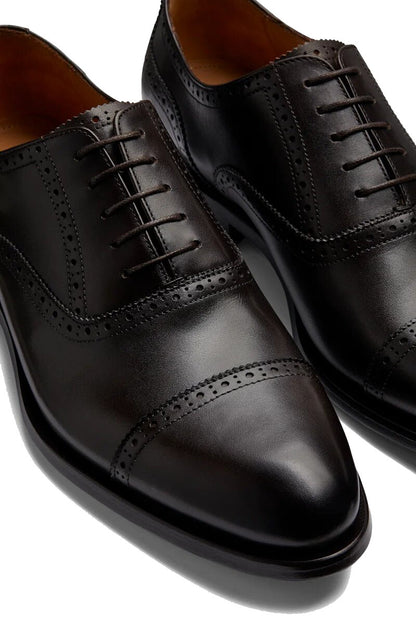 Black Leather Formal Toe Cap Oxford Brogue Lace Up Shoes for Men. Manmade Comfortable Sole. Customization Available.