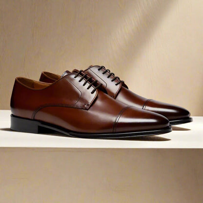 Tan Leather Formal Derby Lace Up Shoes for Men. Manmade Comfortable Sole. Customization Available.