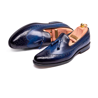 Navy Blue Leather Patina Finish Tassel Loafer Shoes for Men