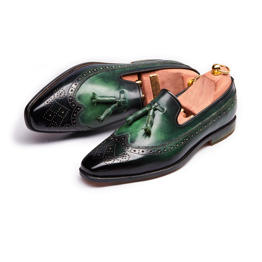 Olive Green Leather Patina Finish Tassel Loafer Shoes for Men | French House Romro Ferrera Olive Green Leather Patina Finish Tassel Loafer Shoes for Men | French House Romro Ferrera