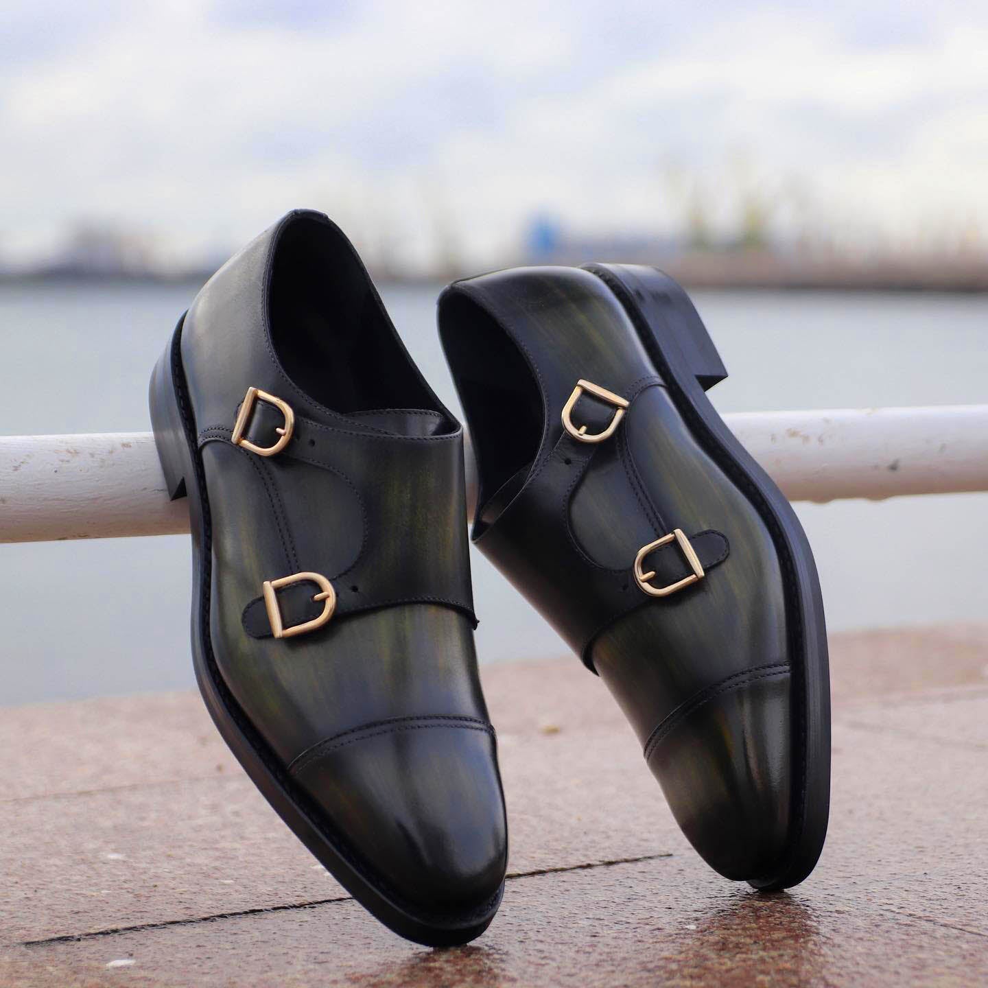 Mathew Olive Green Patina Toecap Double Monk Strap