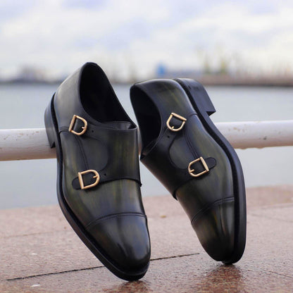 Mathew Olive Green Patina Toecap Double Monk Strap