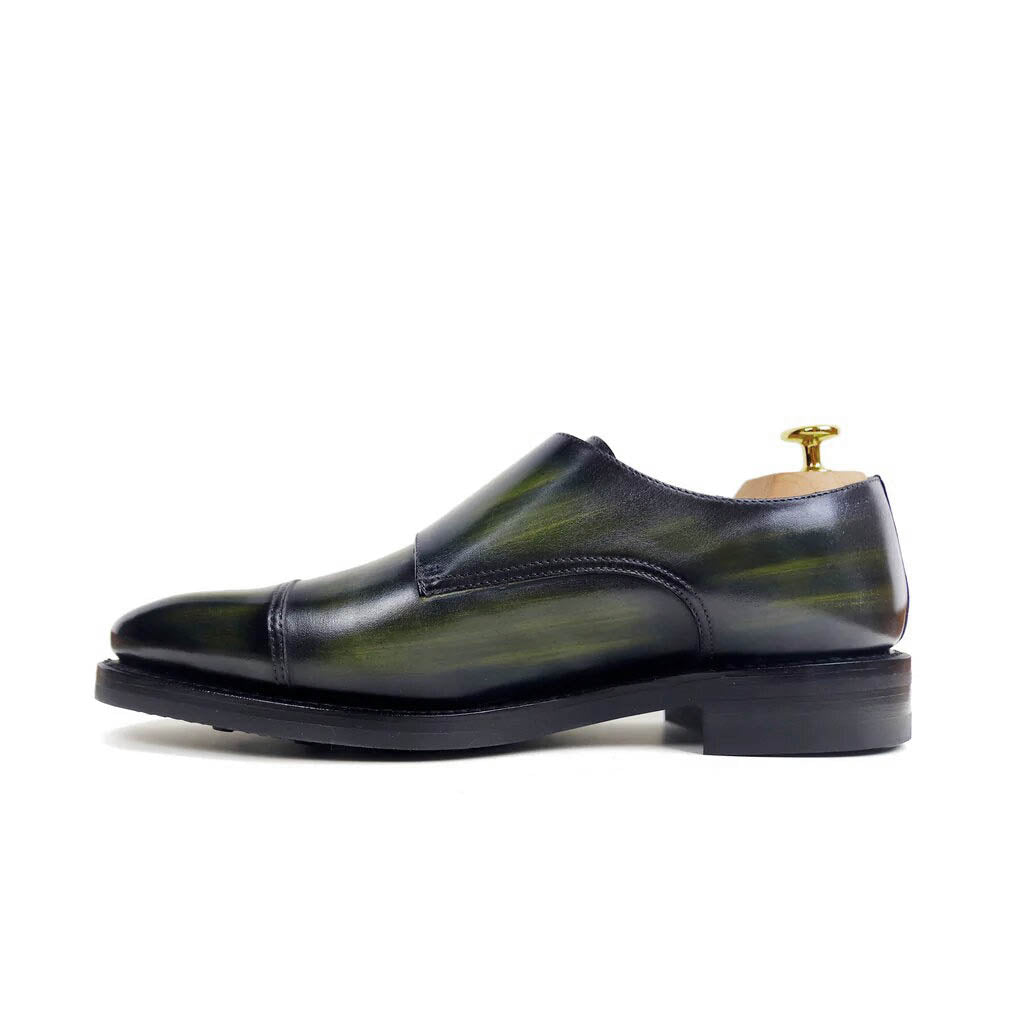 Mathew Olive Green Patina Toecap Double Monk Strap